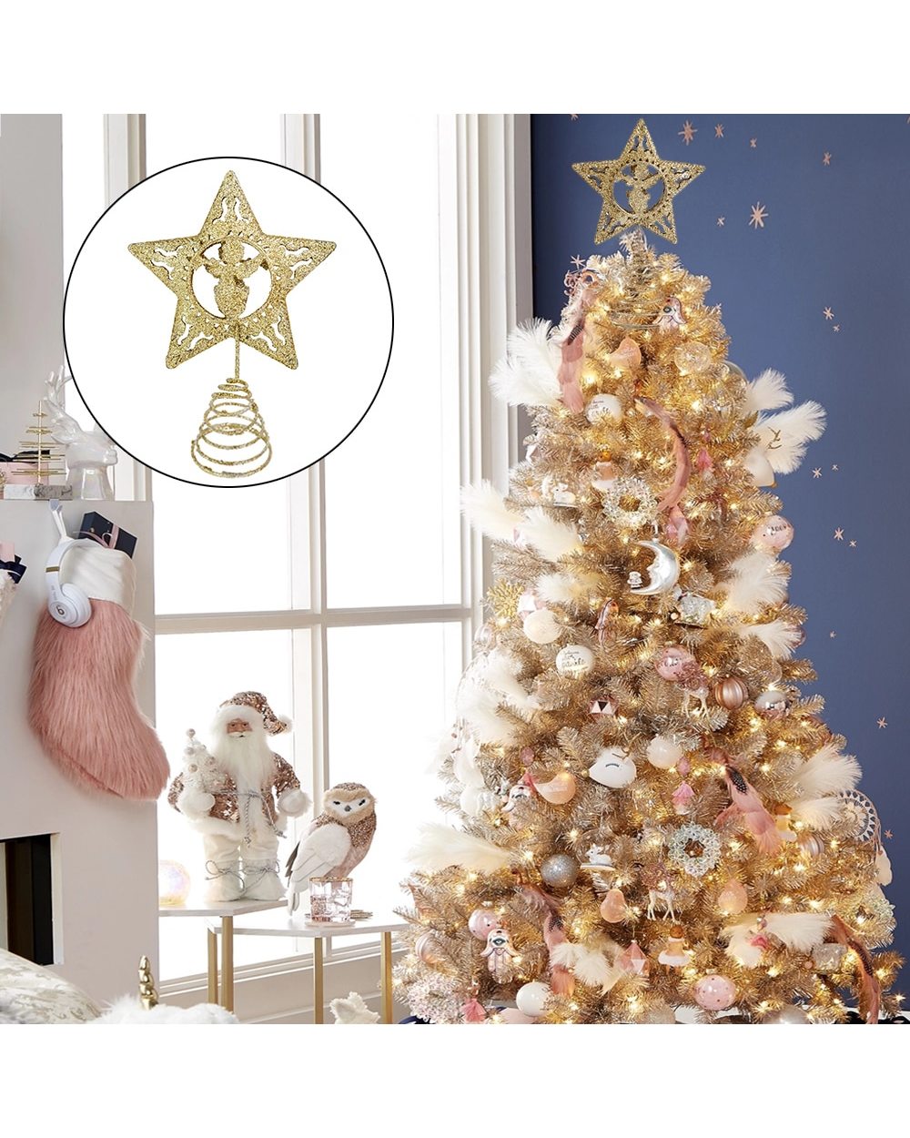 Glitter Christmas Tree Topper Five-Pointed Star Ornaments Xmas Tree Pine Cone Pentagram Topper Decor Navidad Home Party front-1