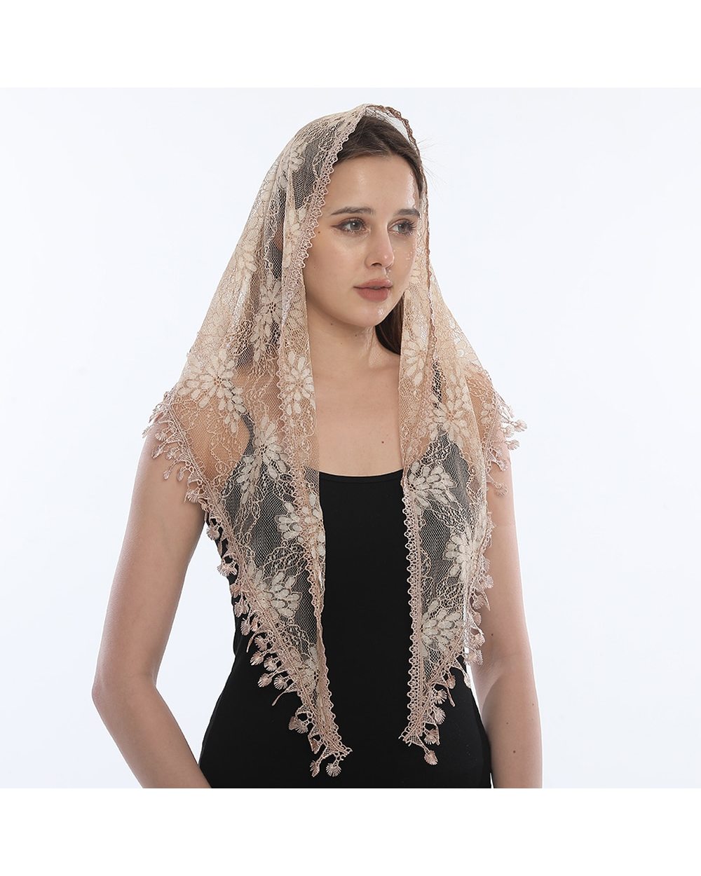 Fashion Church Shawl Lace Veil Polyester Scarf Bandana Church Prayer Wedding Mantilla Chapel White Embroidered Hijab Wo front-3