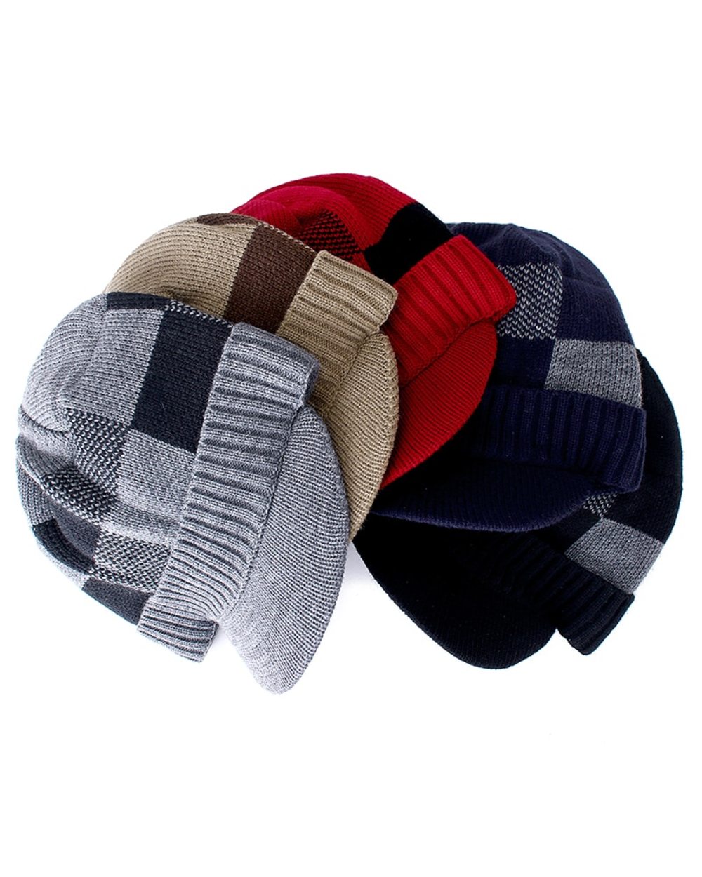 New Men Warm Winter Hat With Brim Stylish Add Fur Lined Soft Beanie Hat Lattice Design Thick Winter Hats For Men Knitte front-2