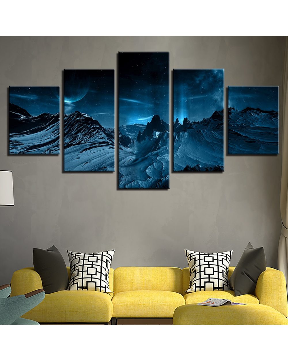 Starry Sky Moon Mountain Picture Nature 5 Panel Canvas Art Wall Decor front-2
