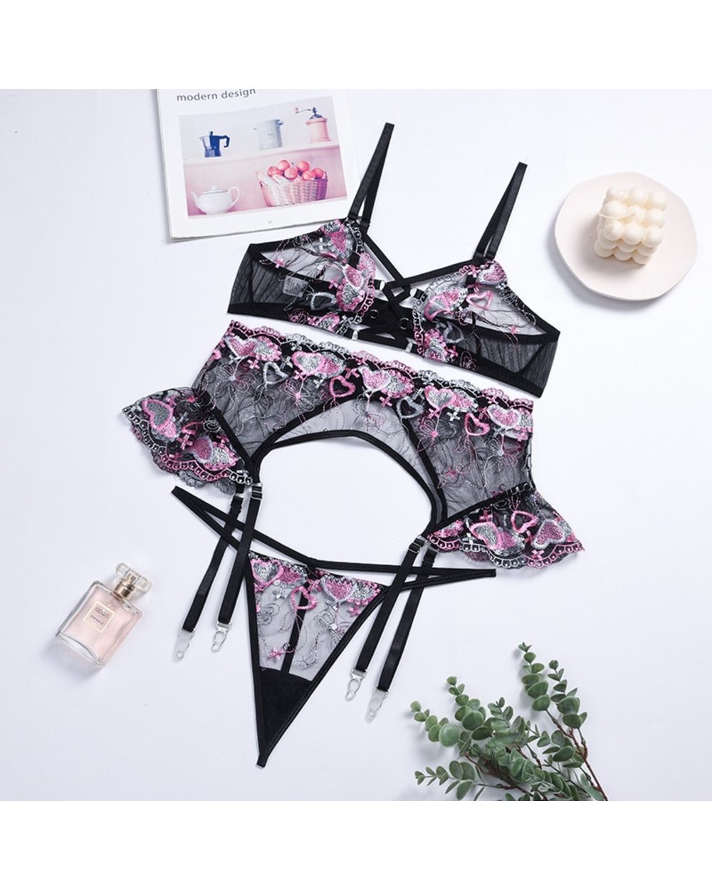 Underwear Women Heart Embroidery Lingerie See Through Bra Panty Set Sex Clothing front-3