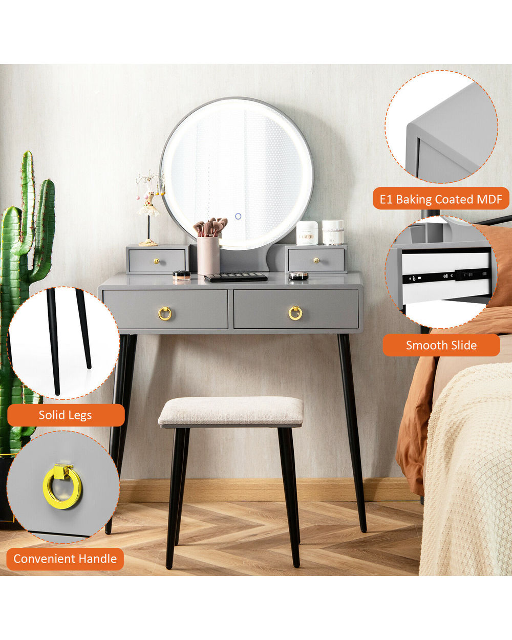 Vanity Makeup Dressing Table Stool Set 3-Color lighted Mirror front-4