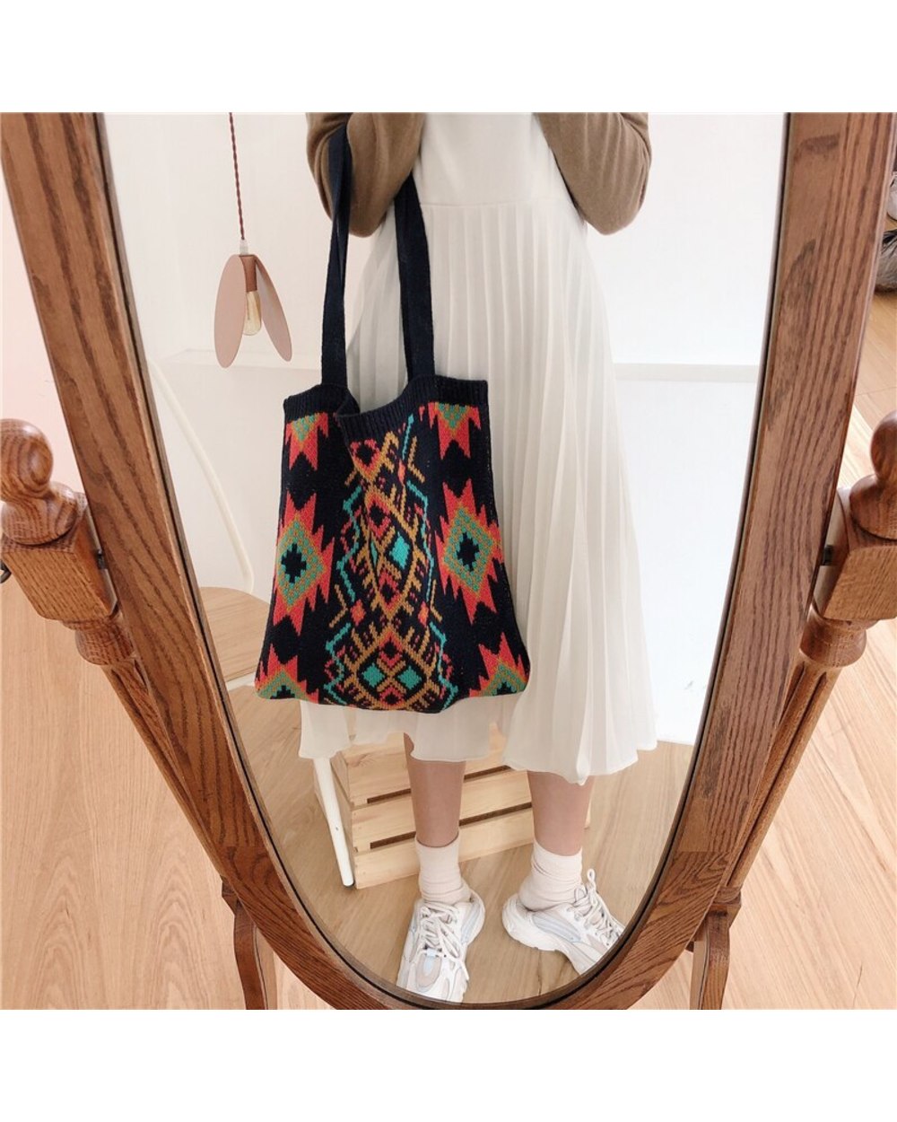 Weave Women Casual Bag Retro Pattern Boho Chic Female Tote Bag Crochet Daily Handbag front-5