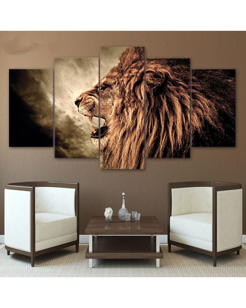 Howling Lion Head Picture Animal 5 Panel Canvas Art Wall Decor front-0