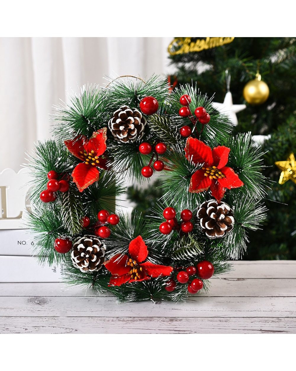 Christmas Wreath Artificial Pinecone Red Berry Garland Hanging Ornaments Front Door Wall Decorations Merry Christmas front-1