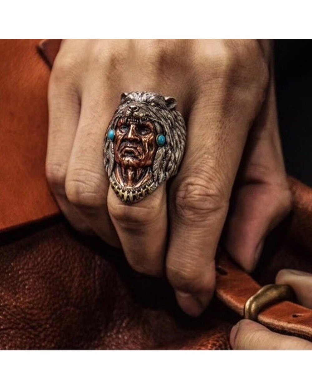 Indian Warrior Ring Vintage Tribal Chief Jewelry Accessories front-2