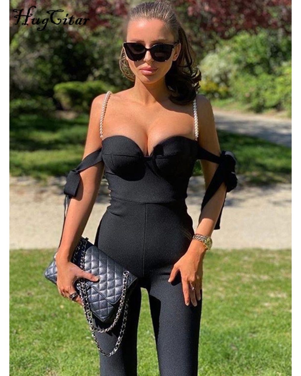 Satin Off Shoulder Pearl Slip Tassel Sleeve Straight Leg Jumpsuit Evening Party Clothing for Women front-3