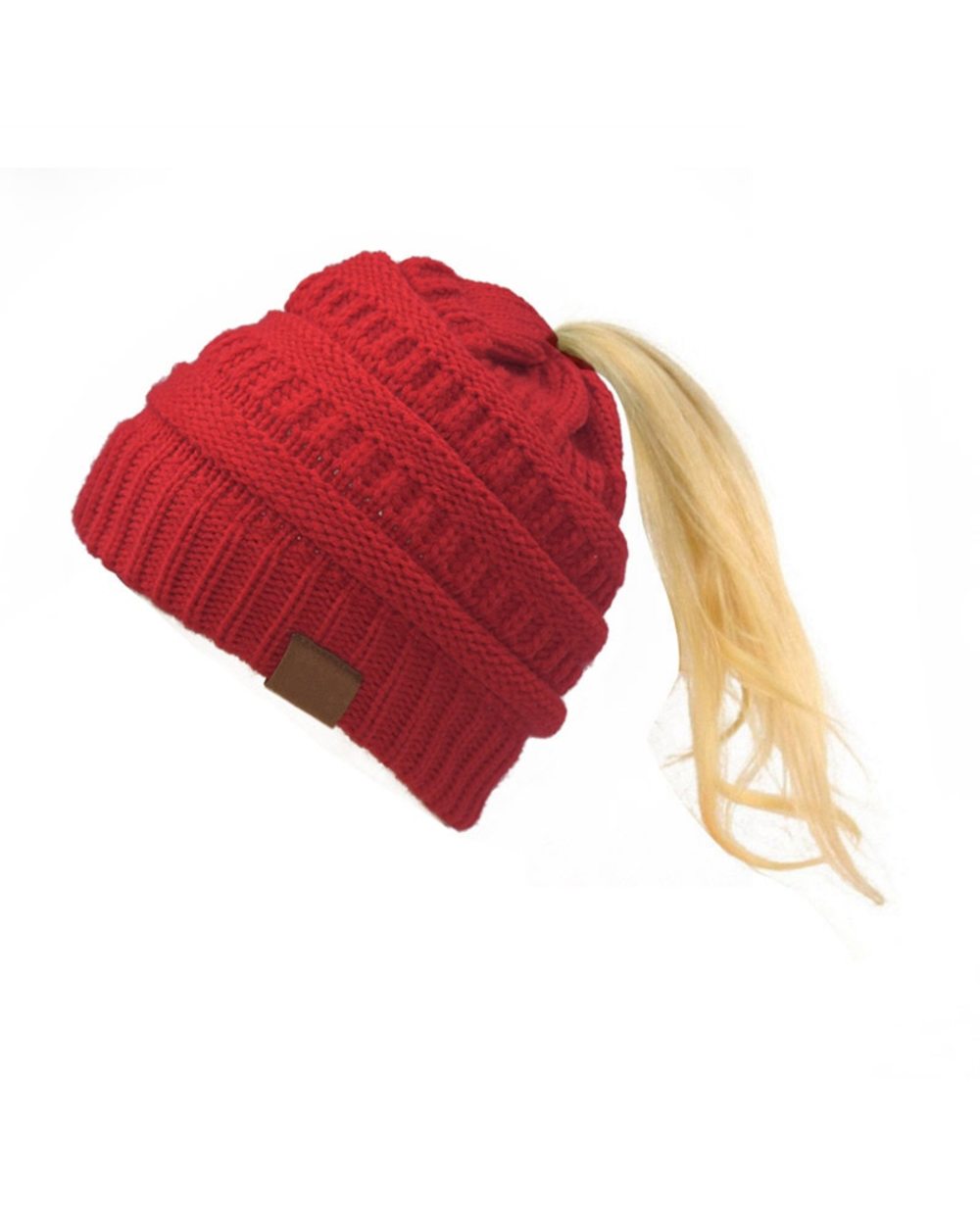 Winter Hat Women Knitted Beanie Hat Knitting Stretch Solid Color Warm Knit Cap With Ponytail Hole Thick Casual Soft Out front-2