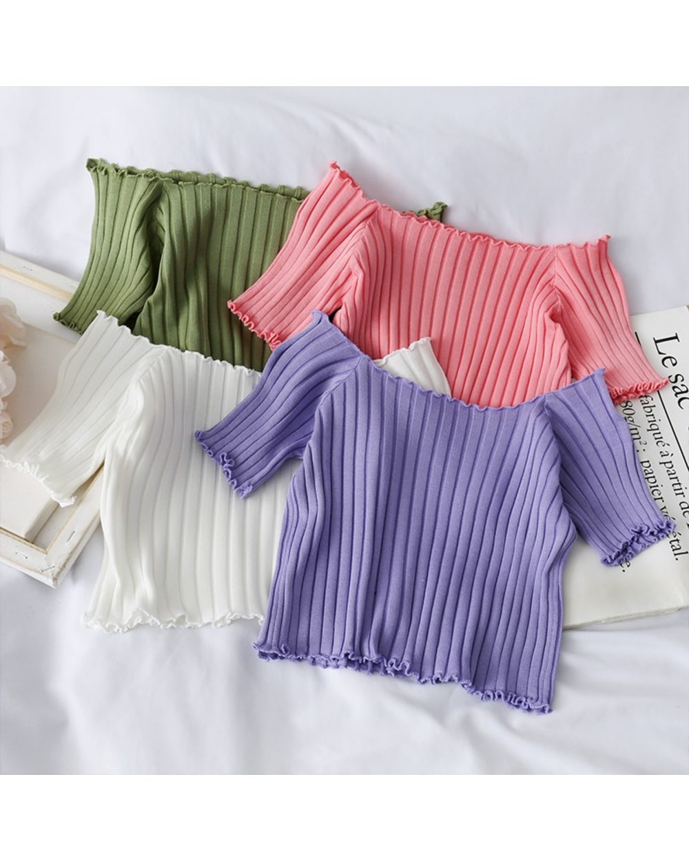 Women T-shirts Off Shoulder Knitting Crop Tops Women Stretchy Ruffles Hem Stripes Tops Summer Fashion front-1
