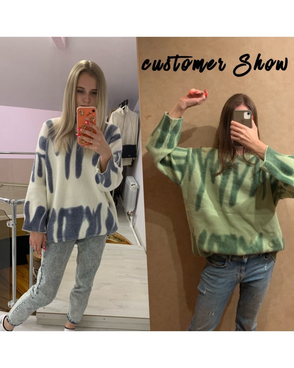 Elegant Green Striped Print Oversized Pullovers Women Winter O-Neck Loose Long Sweaters Streetwear Warm Outerwear 2022 front-3
