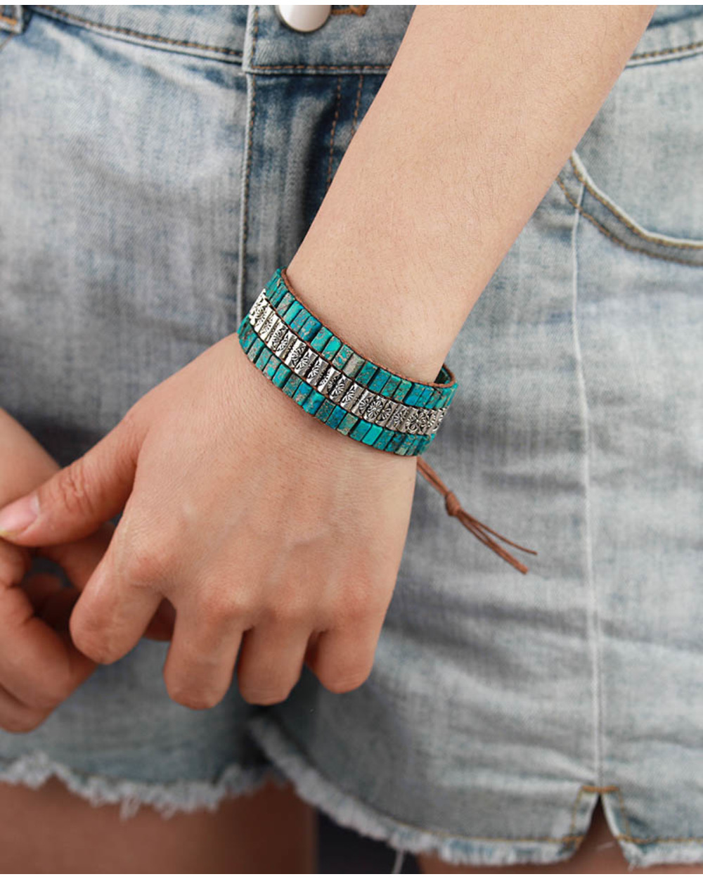 Handmade Wrap Bracelet Turquoises Antique Metal Beads Weaving Statement Wristband Bracelet WCS front-2