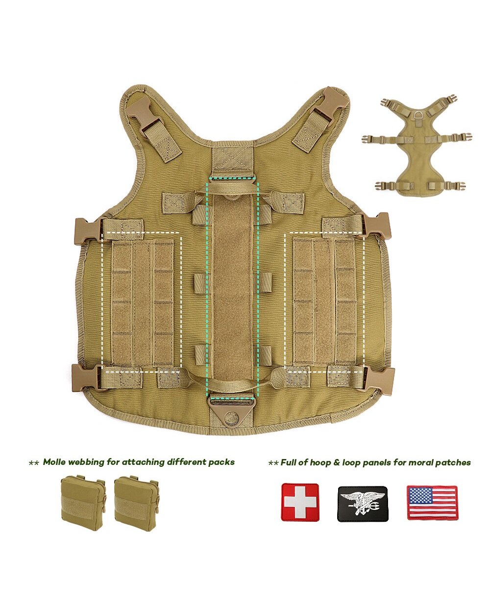 Dog Tactical Harness Molle Vest Adjustable Military Pet Training Harness For Medium Large Dogs With 2 Detachable Pouches front-1
