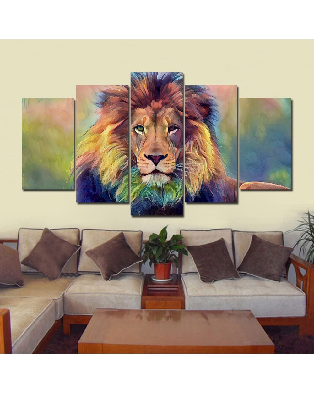 Watercolor Beautiful Lion Home Decoration Picture Print Animal 5 Panel Canvas Art Wall Decor front-0