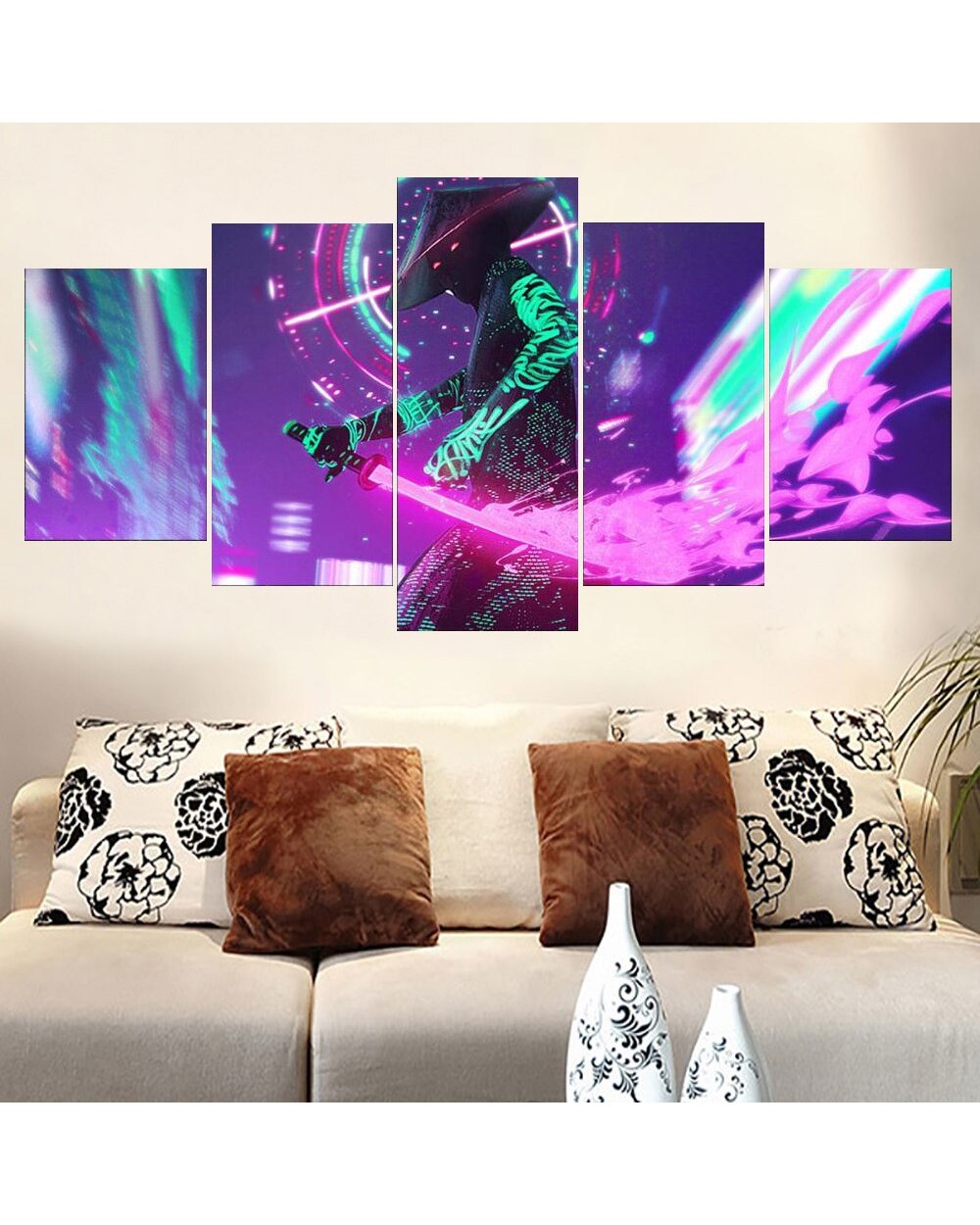 Anime Manga Picture Retrowave Samurai Figure Picture Print Anime 5 Panel Canvas Art Wall Decor front-0