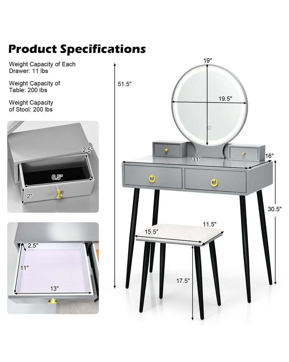 Vanity Makeup Dressing Table Stool Set 3-Color lighted Mirror front-5