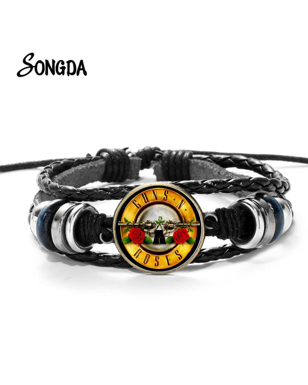 Latest S N Roses Rock Band Bracelet Punk S And Roses Band Logo Print Glass Gem Multilayer Braided Bracelet front-0