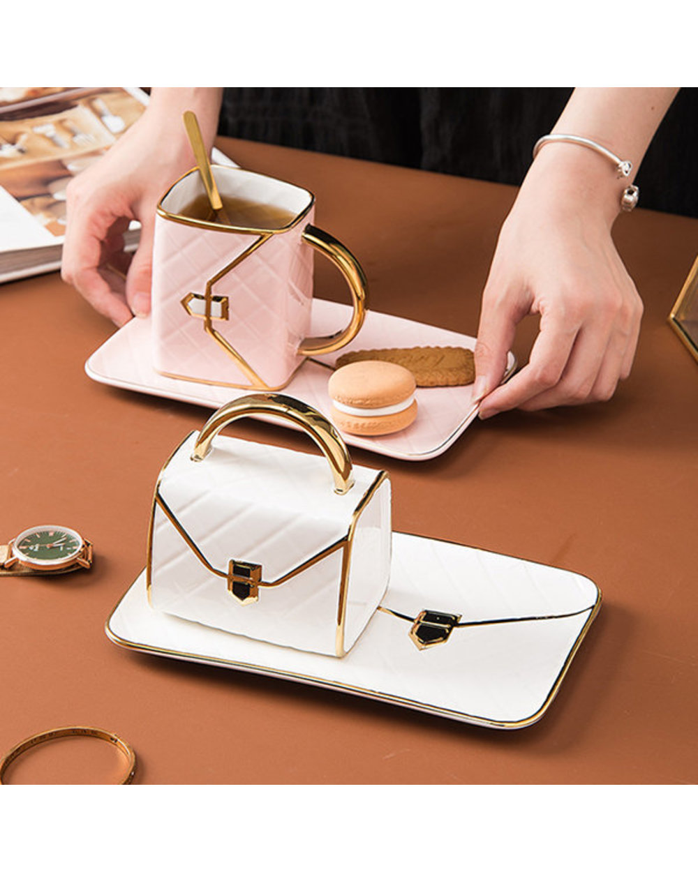 Net Red Painted Gold Coffee Cup And Plate Set Creative Bag Shape Dessert Ceramic Plate Business Gift Mug front-3
