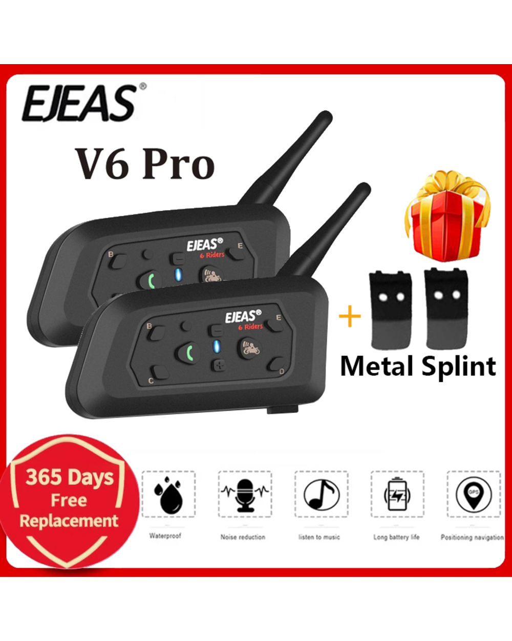 EJEAS V6 PRO Bluetooth Motorcycle Helmet Intercom Headset with 1200M BT Interphone Communicator for 6 Riders Waterproof front-0