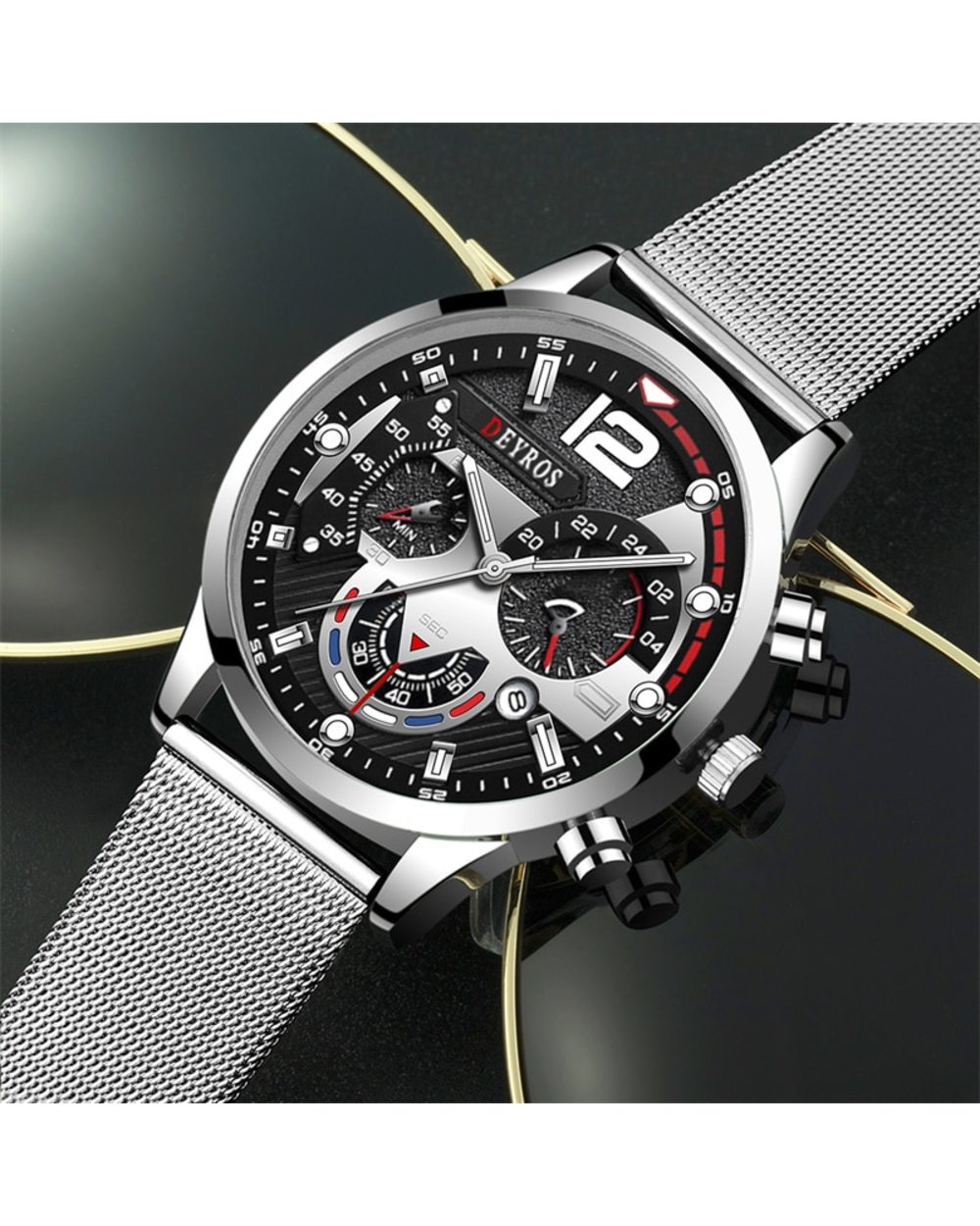 Watch Luxury Gold Stainless Steel Mesh Belt Quartz Watches Business Leather Mens Luminous Clock front-4