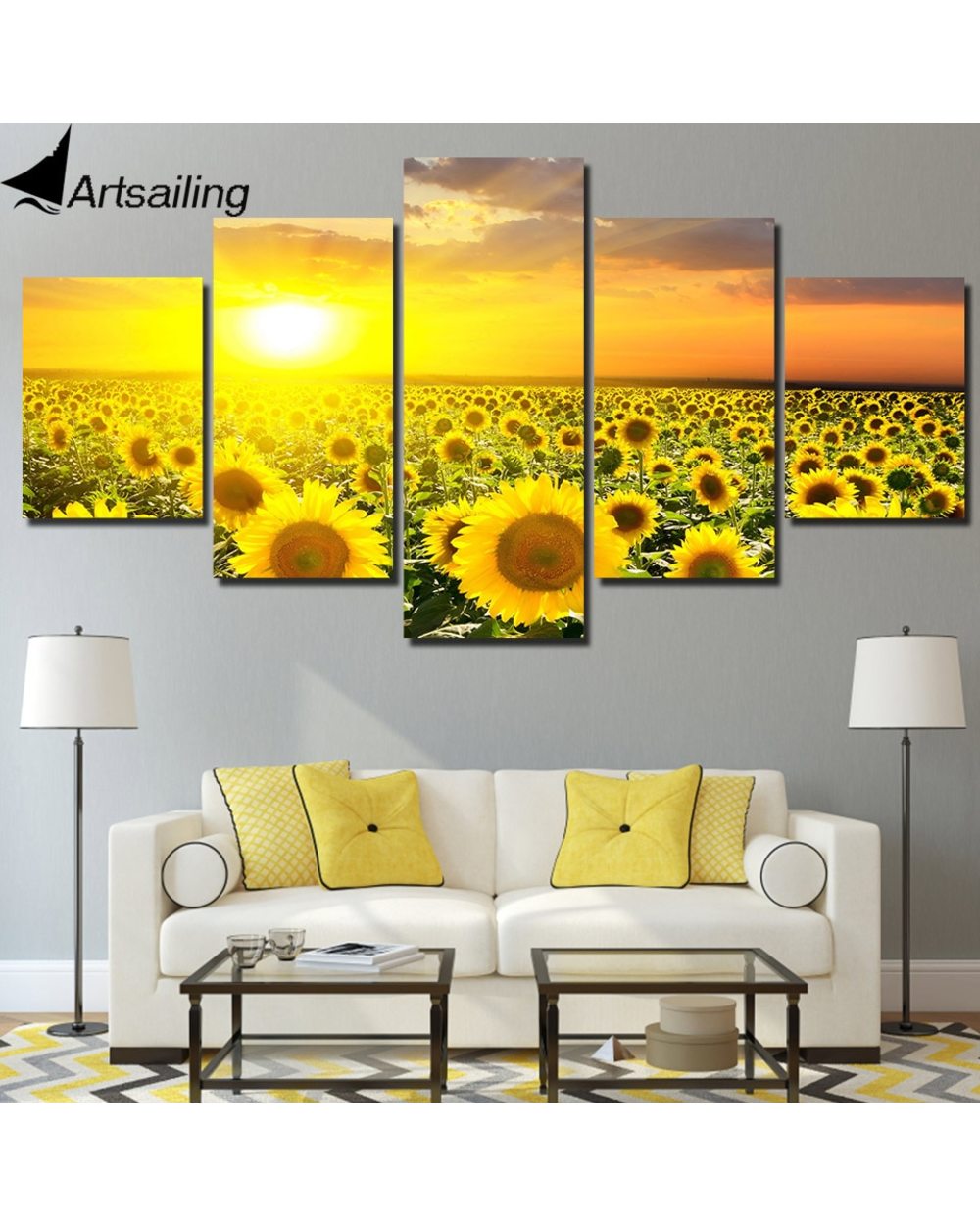 Sunflower Sunset Golden Flower Field Painting Picture Nature 5 Panel Canvas Art Wall Decor front-3