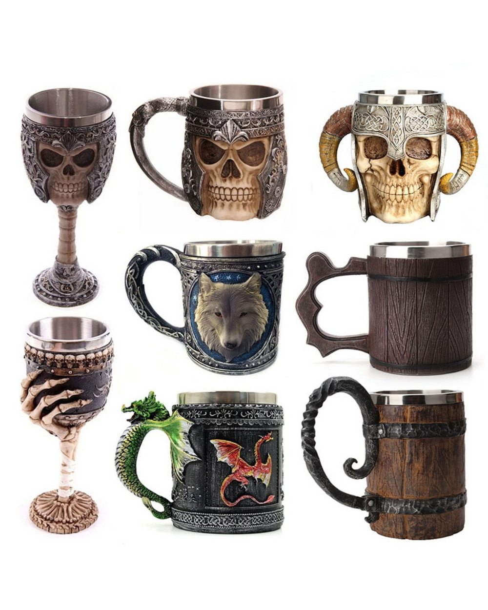 Retro Horn Skull Resin Beer Mug Stainless Steel Skull Knight Tankard Halloween Coffee Cup Viking Tea Mug front-0