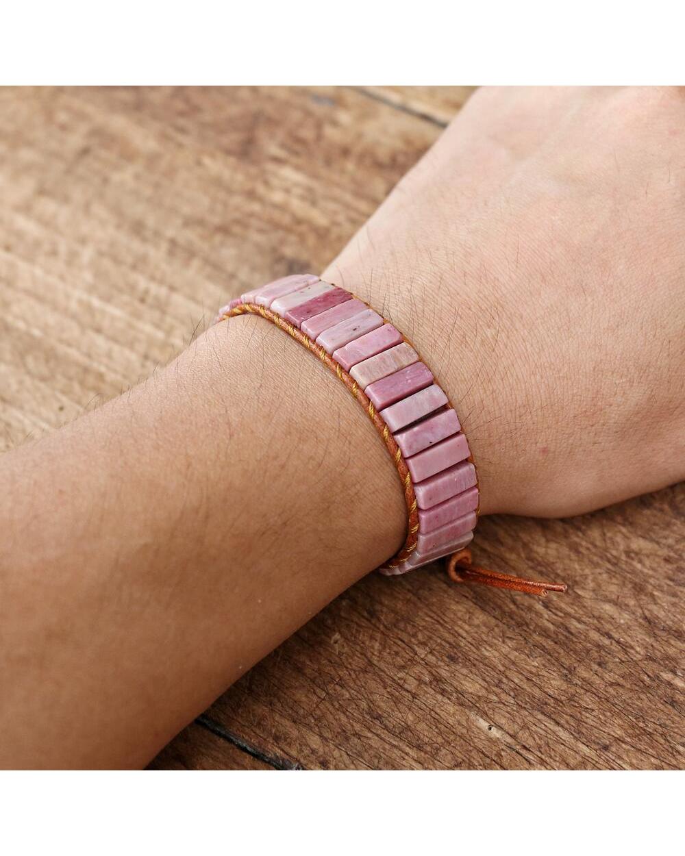 Natural Rhodonite Stone Tube Beads Chakra Braided Leather Wrap Bracelet Women Handmade Bracelet Jewelry Gifts front-5