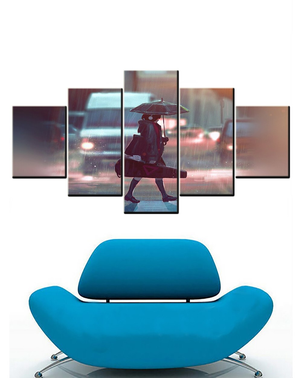 Anime Cartoon Figure Poster Girl Rain Umbrella Picture Print Anime 5 Panel Canvas Art Wall Decor front-2