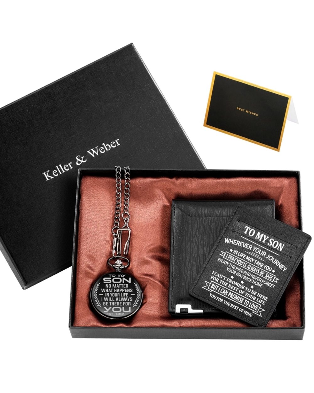 4pcs/Set To My Son I Love You Forever Quartz Pocket Watch Wallet Set Durable Black Leather Wallet front-1