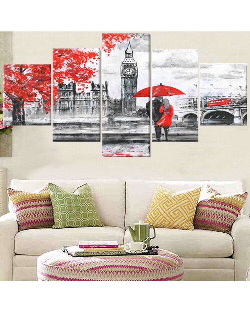 Red Umbrella Couple in England Sight Picture Print Abstract 5 Panel Canvas Art Wall Decor front-1