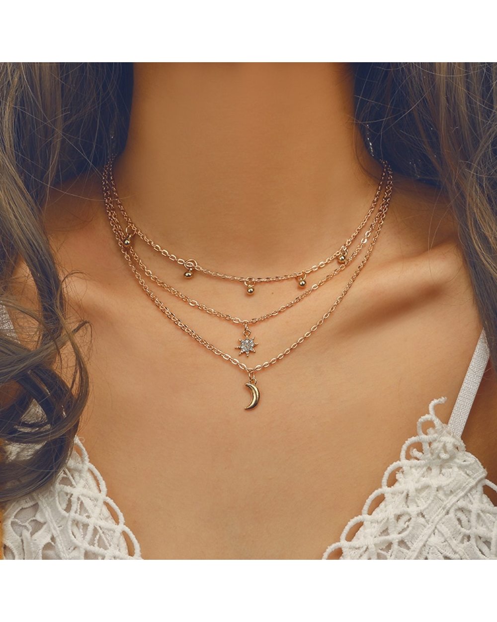 Female Necklace Multi Layered Moon Women Necklace Gold Color Necklace Girl Party Wear Gift Jewelry front-0