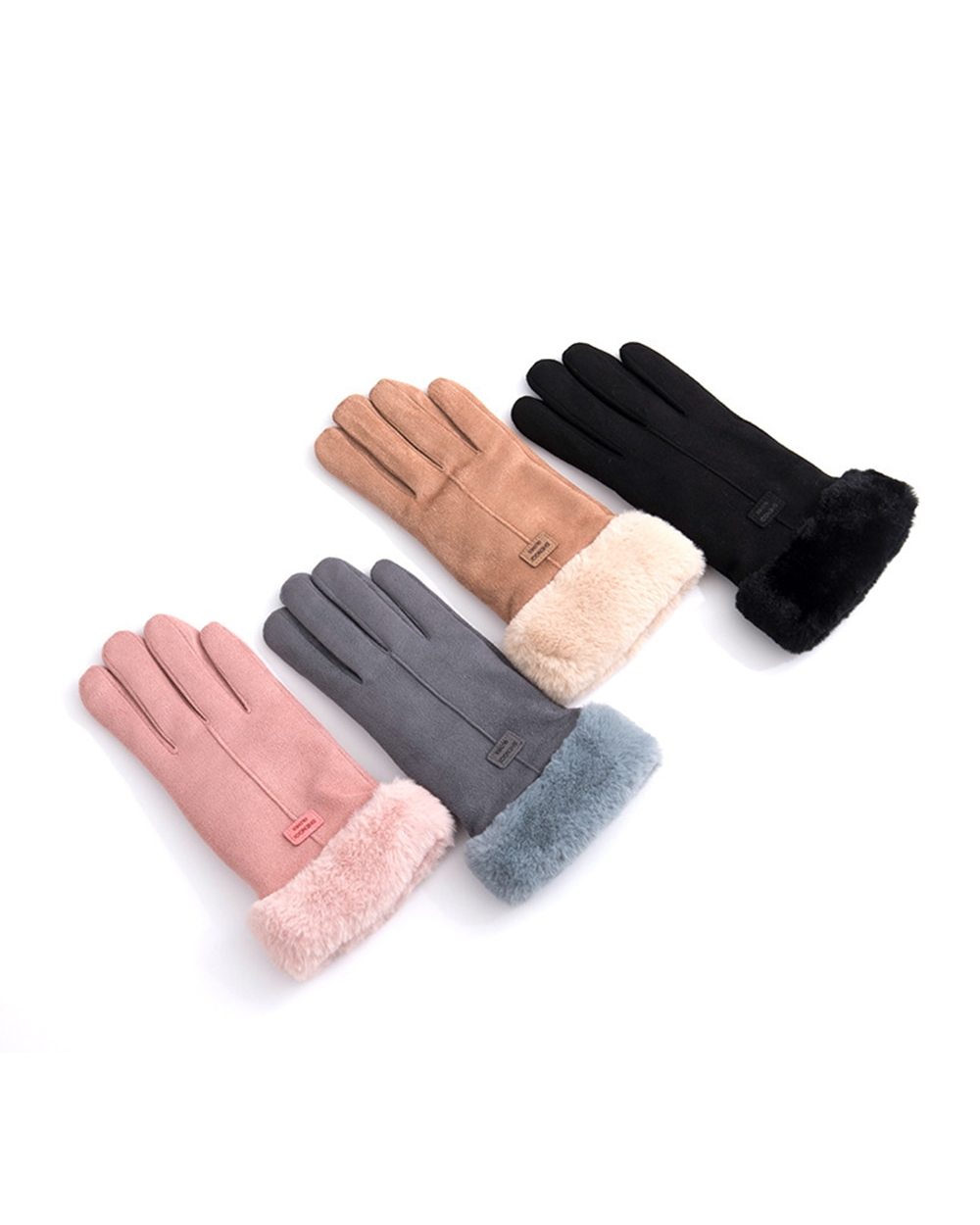 Winter Gloves Women Lace Warm Cashmere Cute Fur Gloves Mittens Suede Leather Double Thicken Plush Touch Screen Driving front-1