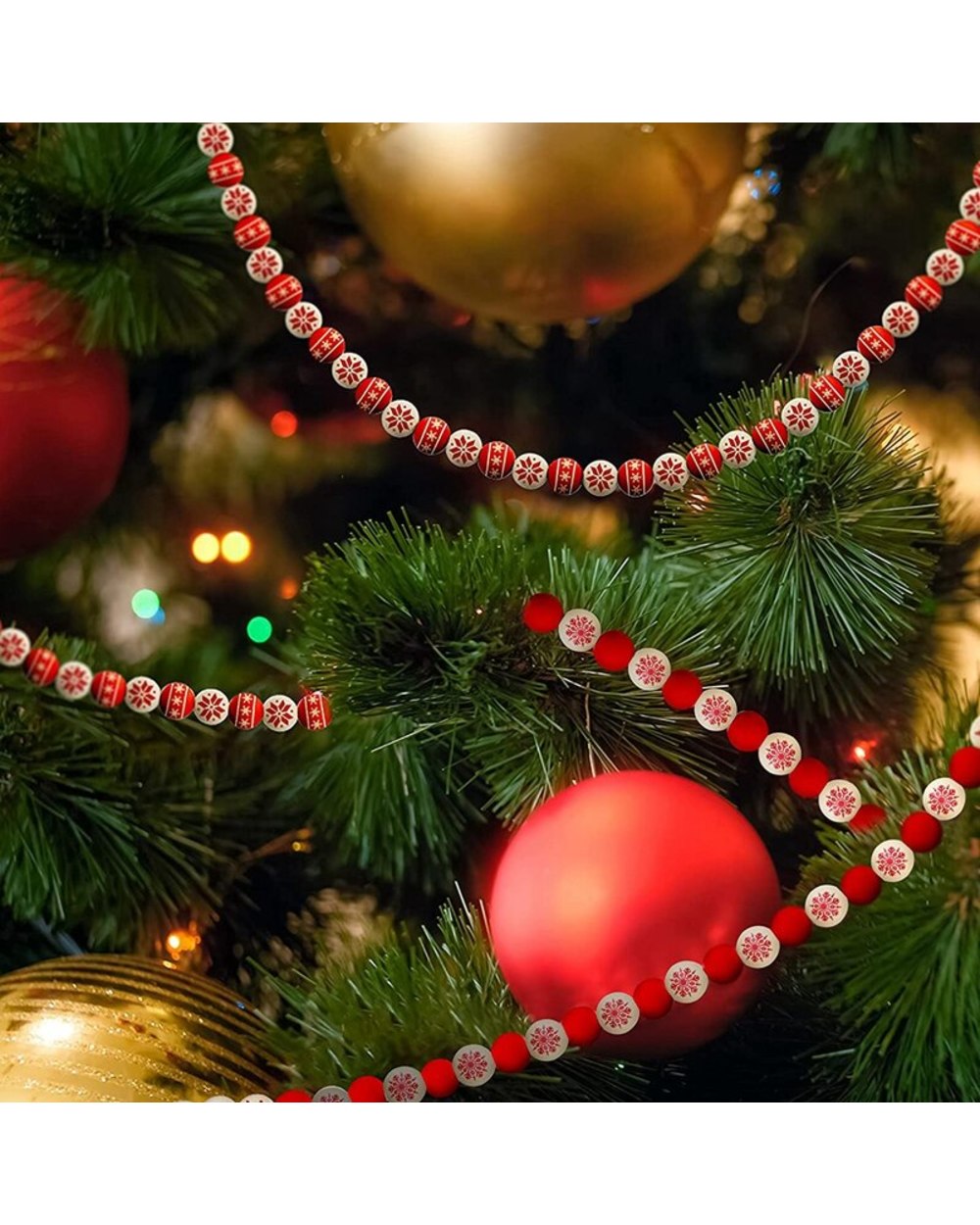 Set 120Pcs DIY Christmas Snowflake Wooden Bead Wood Round Bead with Rope Polished Spacer Bead Wood Ball Ornaments front-2