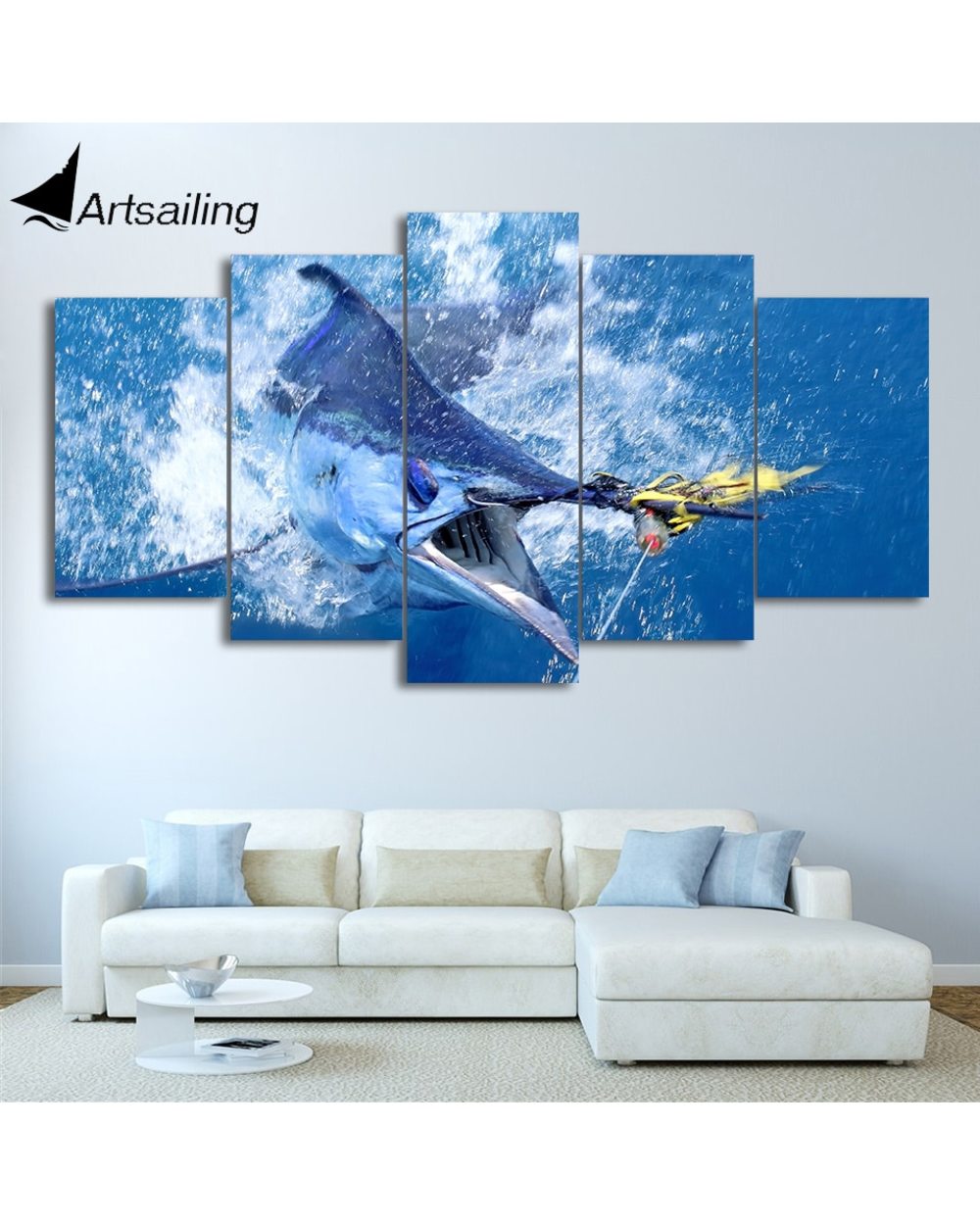 Jumping Tuna Painting Blue Ocean Picture Print Animal 5 Panel Canvas Art Wall Decor front-3