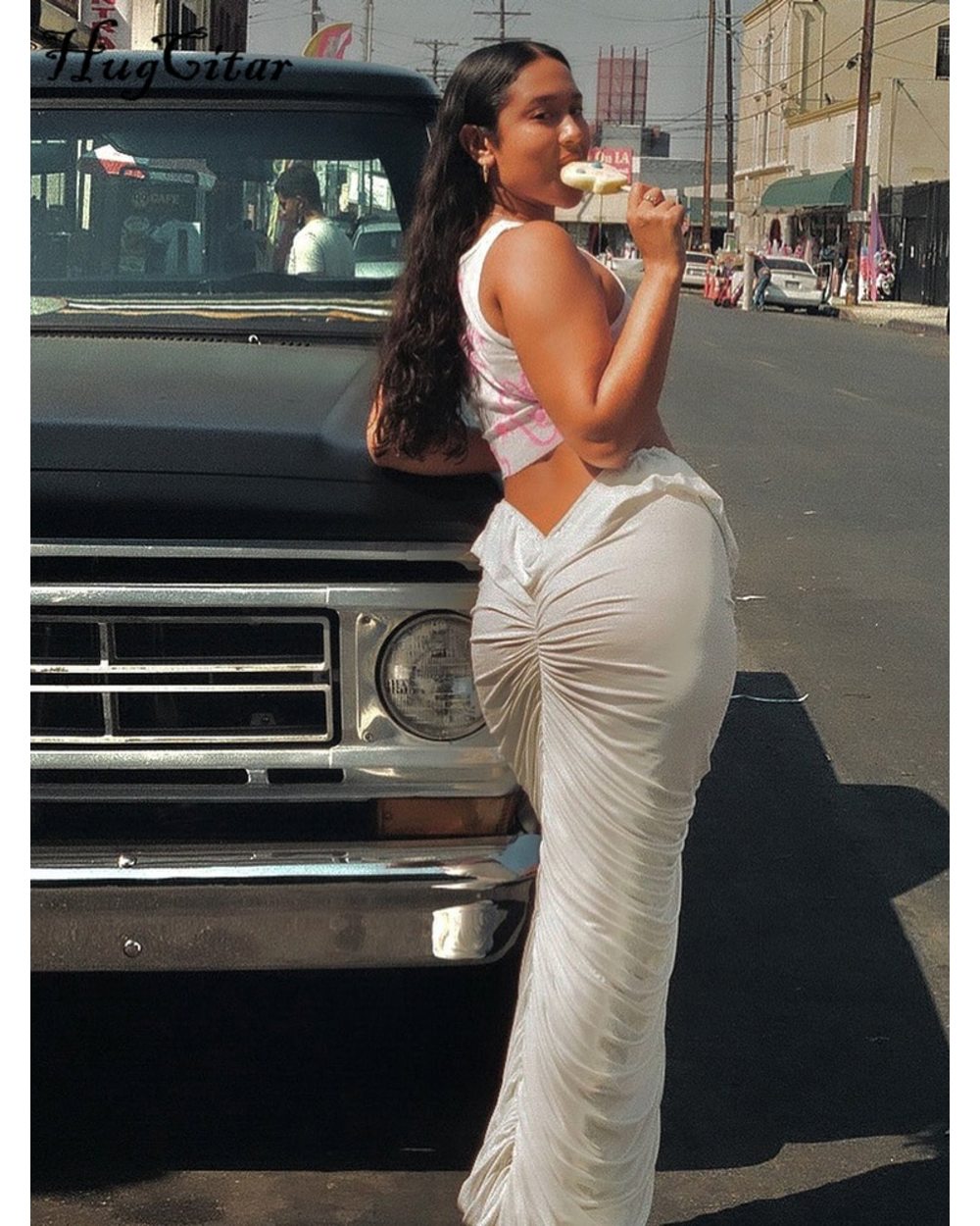 Stretch Solid Folds Shirring Maxi Dress Women Fashion Sexy Elegant Streetwear Party Club Wear Y2K front-0