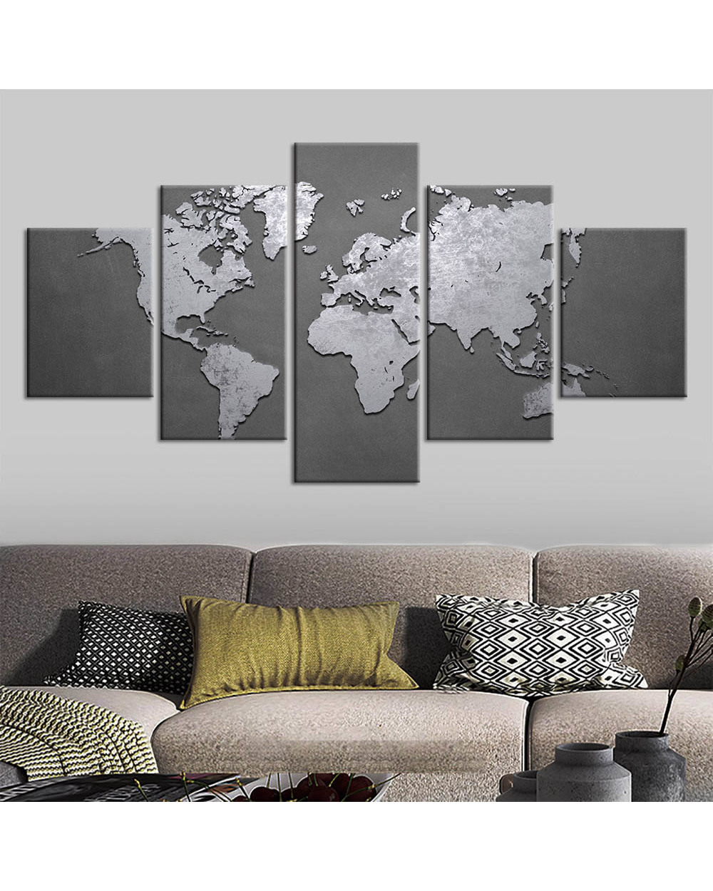 Gray Silver Tone World Map Picture Print Abstract 5 Panel Canvas Art Wall Decor front-0