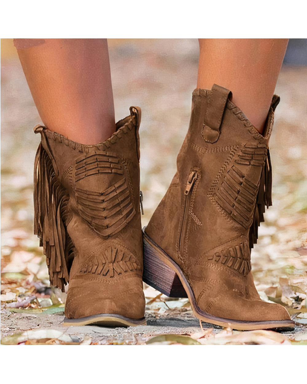 Tassel Western Cowboy Boots for Women Leather Cowgirl Boots Low Heels Shoes Winter Boots VG06 front-0