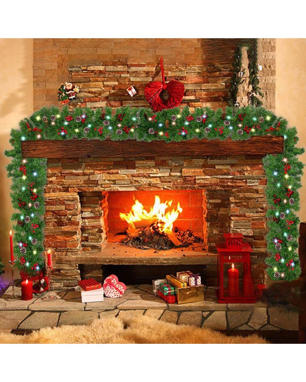 Pre-Lit Decorated Christmas Garland with Chasing Warm LED Light Artificial Christmas Fireplace Wreath Pine Tree Ornament front-0