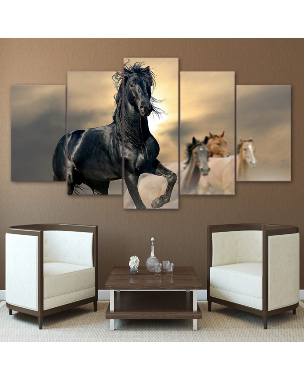 Animal Poster Black Brown Horse Picture Print Animal 5 Panel Canvas Art Wall Decor front-1