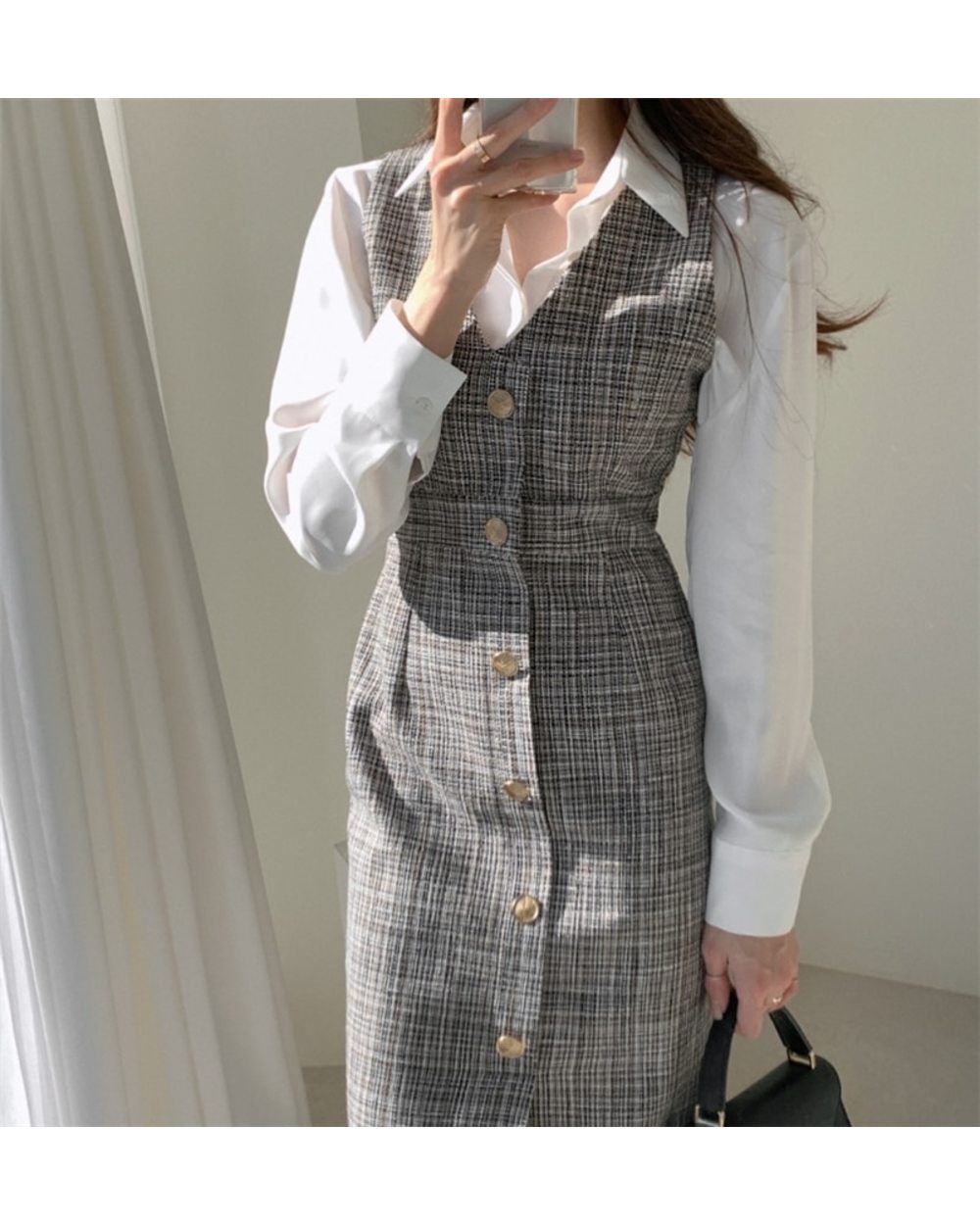 Spring Autumn Women Dresses Sleeveless High Waist Checkered Fashionable Office Lady Wild Long Dress front-4