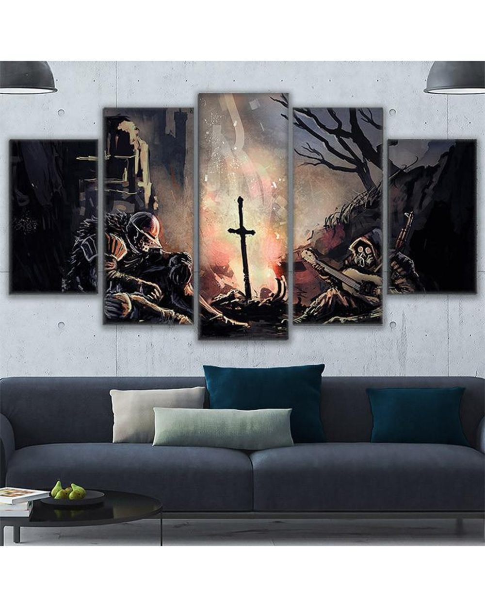 Soldiers Dark Souls by the Cross Modern Picture Print Abstract 5 Panel Canvas Art Wall Decor front-1