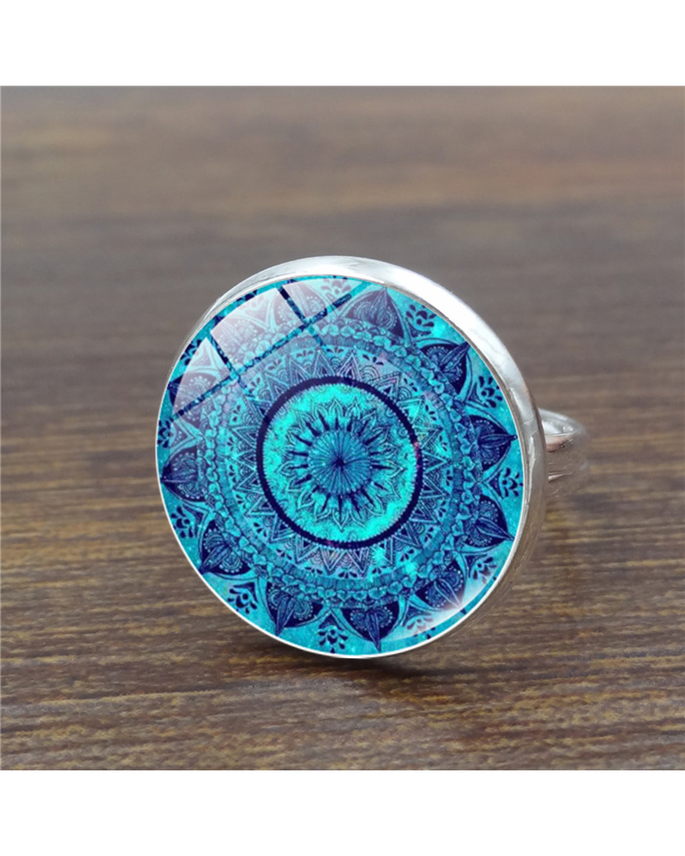 Hot Selling Buddhism Chakra Rings Henna Glass Dome Cabochon Ring Om Yoga Mandala Rings front-0
