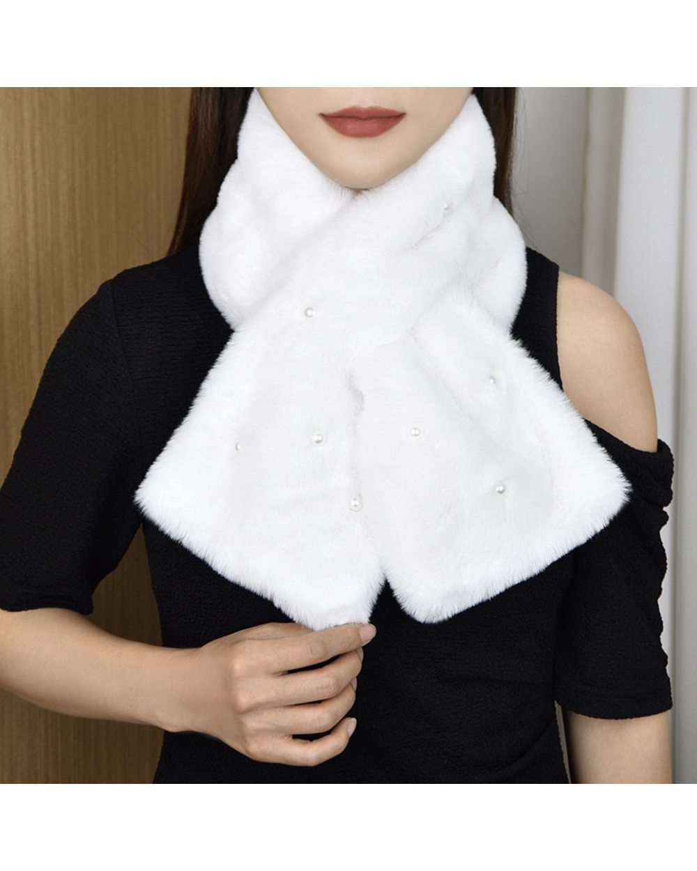 Korean Solid Double Sided Faux Rabbit Fur Thick Plush Shawl Female Winter Oudoor Windproof Pearl Cross Neck Guard Warm front-1
