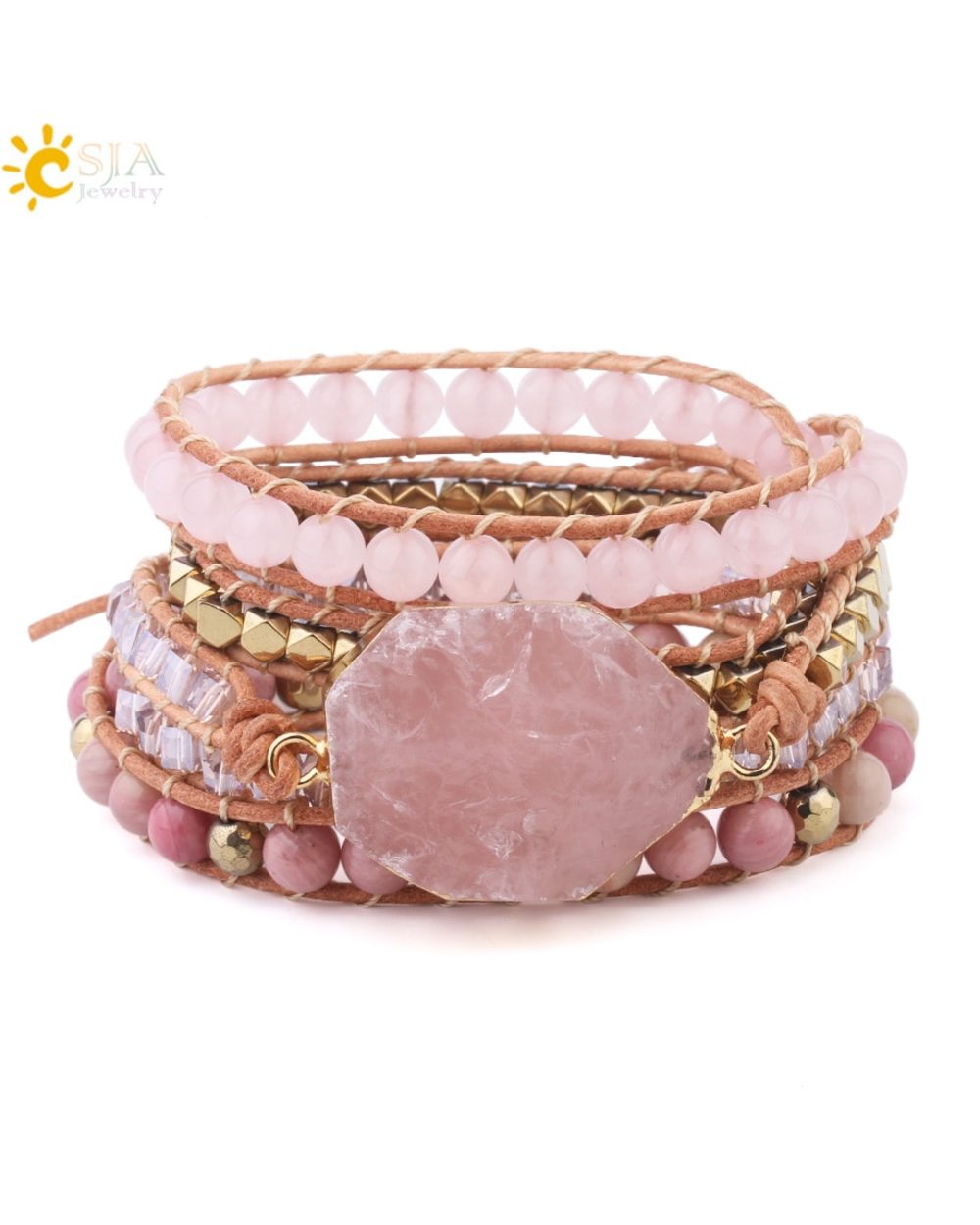 CSJA Natural Stone Bracelet Pink Quartz Leather Wrap Bracelets for Women Rose Gems Crystal Beads Bohemia Jewelry 5 front-1