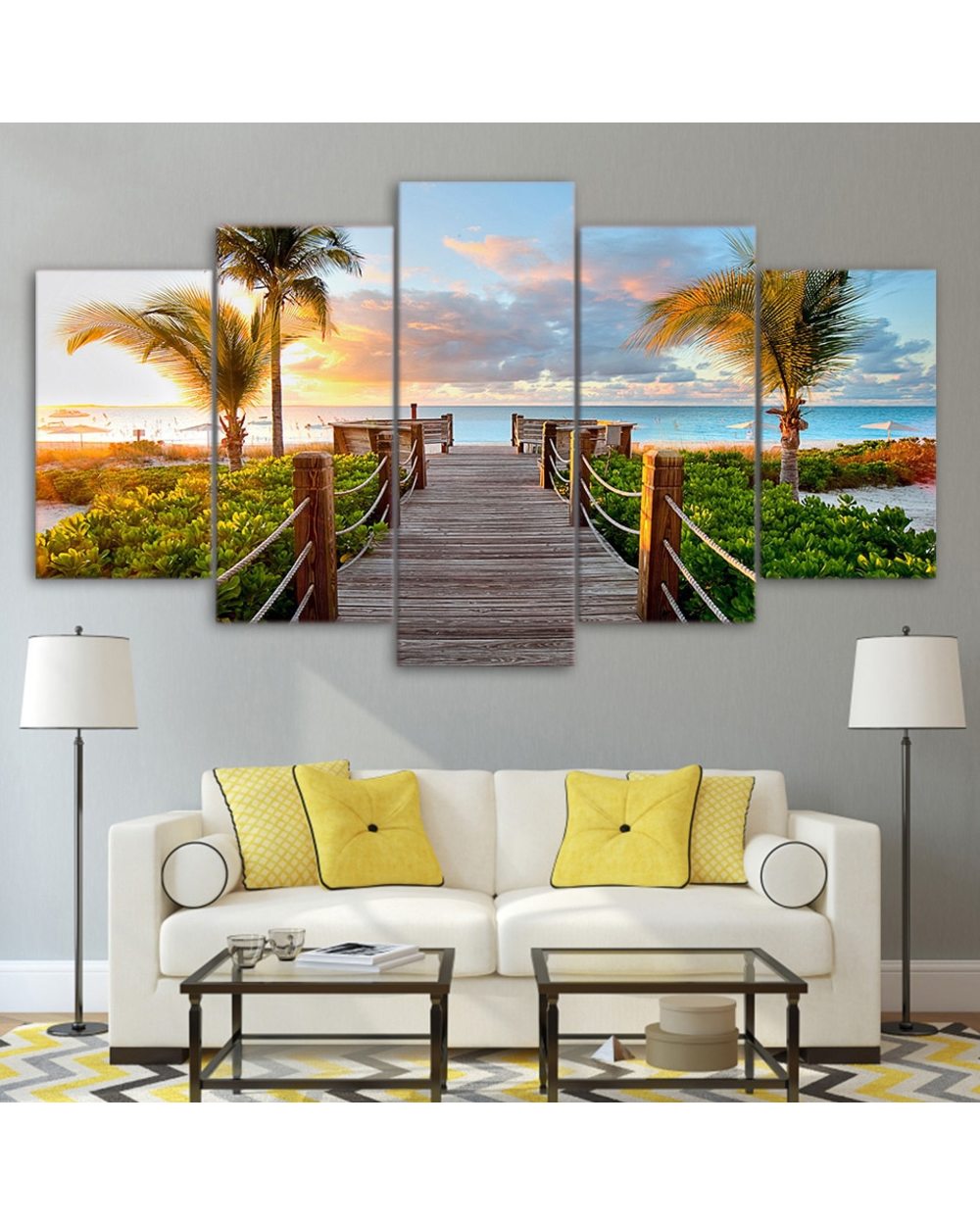 Coast Board Walk Palms Beach Picture Print Scenery 5 Panel Canvas Art Wall Decor front-0