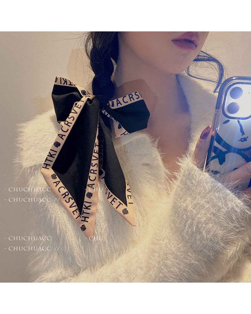 Elegant Women Narrow Long Scarf 100X6cm Chic French Gentle Elegant Chiffon Silk Tie Letter Print Bag Ribbon Headband Ch front-5
