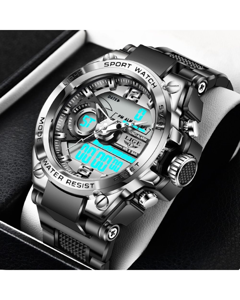 LIGE Sport Men Quartz Digital Watch Creative Diving Watches Men Waterproof Alarm Watch Dual Display Clock front-1