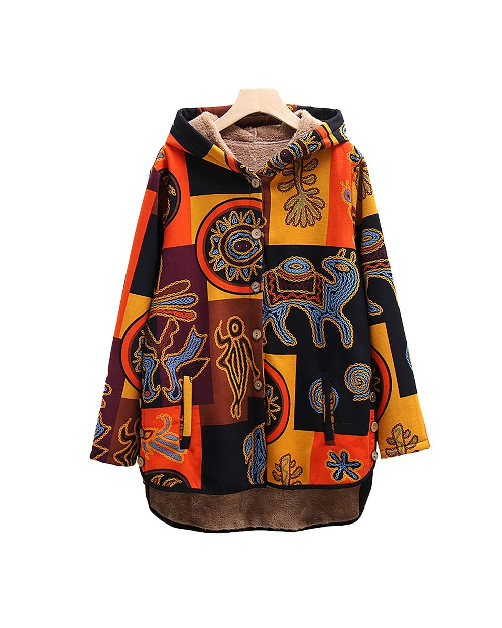 Retro Printing Splicing Zipper Hood Cardigan Long Sleeves Coat front-1