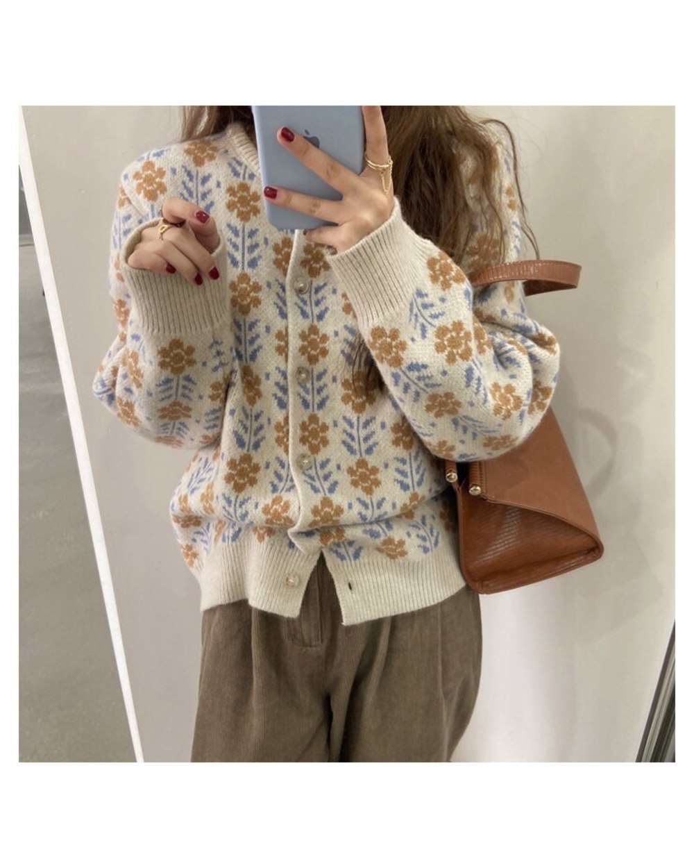 Floral Print Women Cardigan Knitted Sweater Long Sleeve Retro Outwear Cardigan Autum Winter O Neck Short Female Sweater front-1