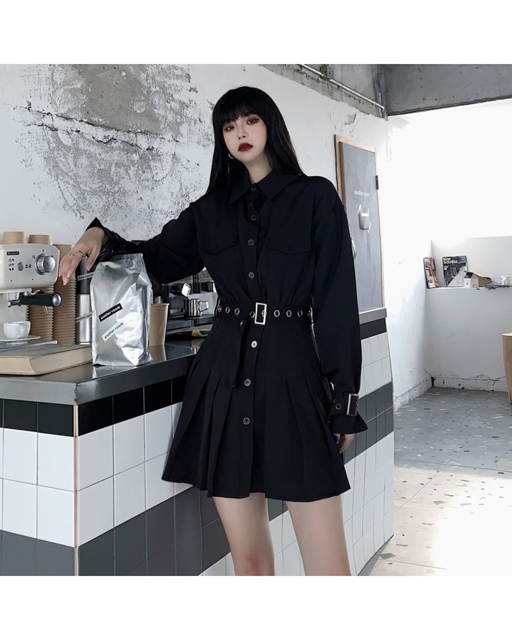 JMPRS Gothic Women Shirt Dress Elegant Belt Black Pleated Mini Dress Spring Sexy High Waist Club Party Vestidos front-1