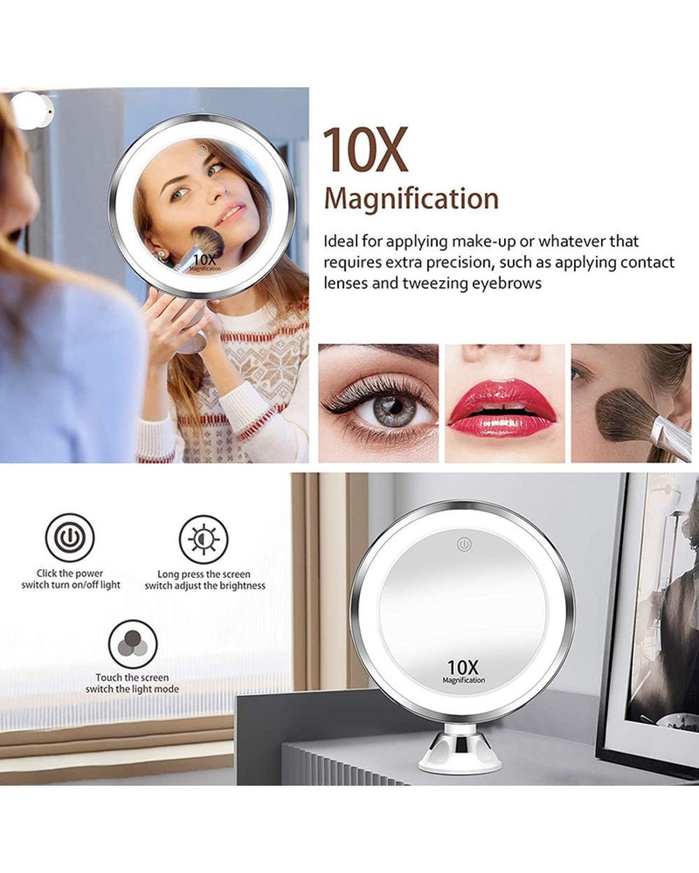 Portable 3 Colors Lighting Touch Screen 10X Magnifying Vanity Mirror front-4